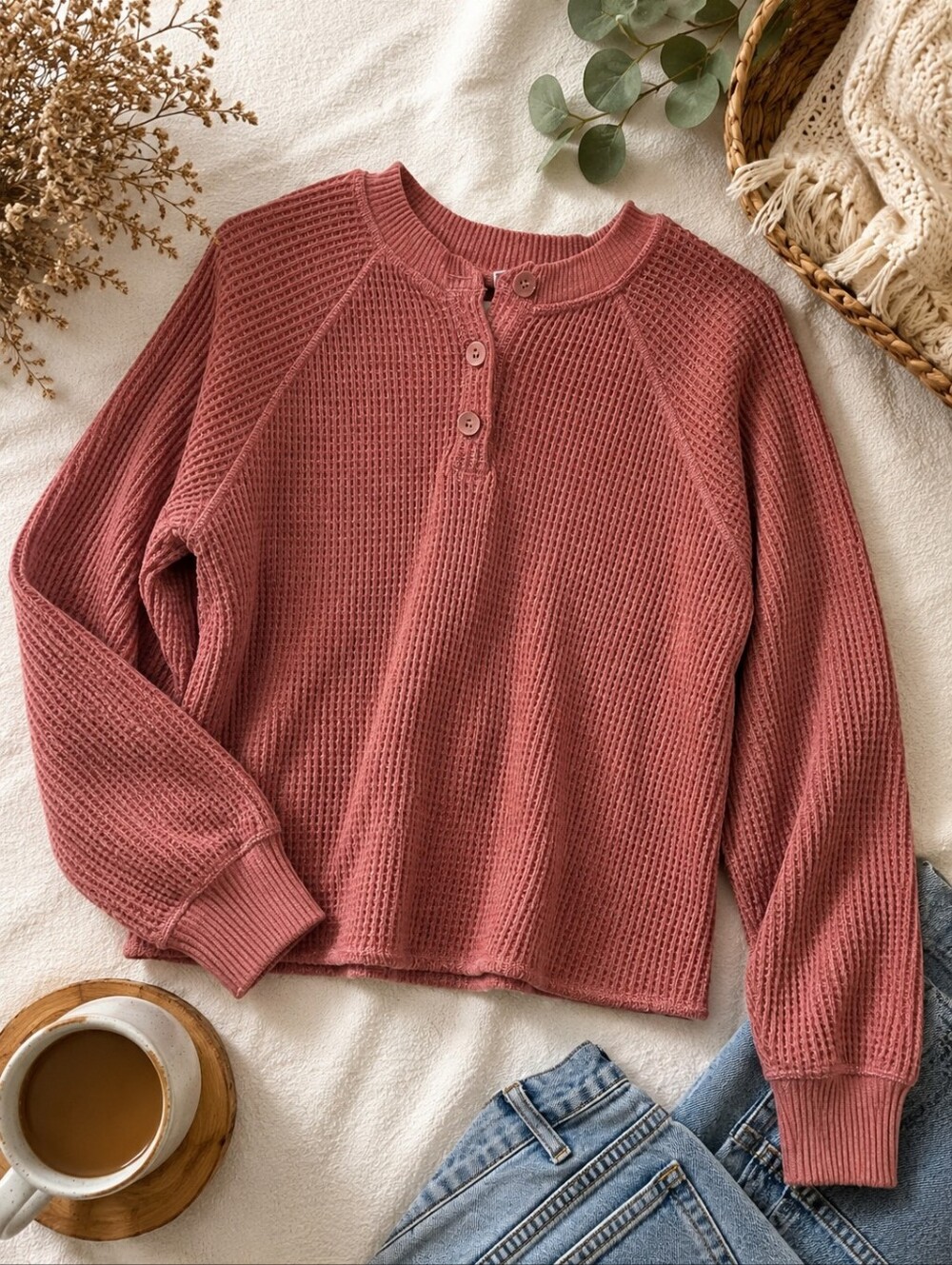 Old Navy Small Rose Pink Waffle Knit Henley Long Sleeve Top